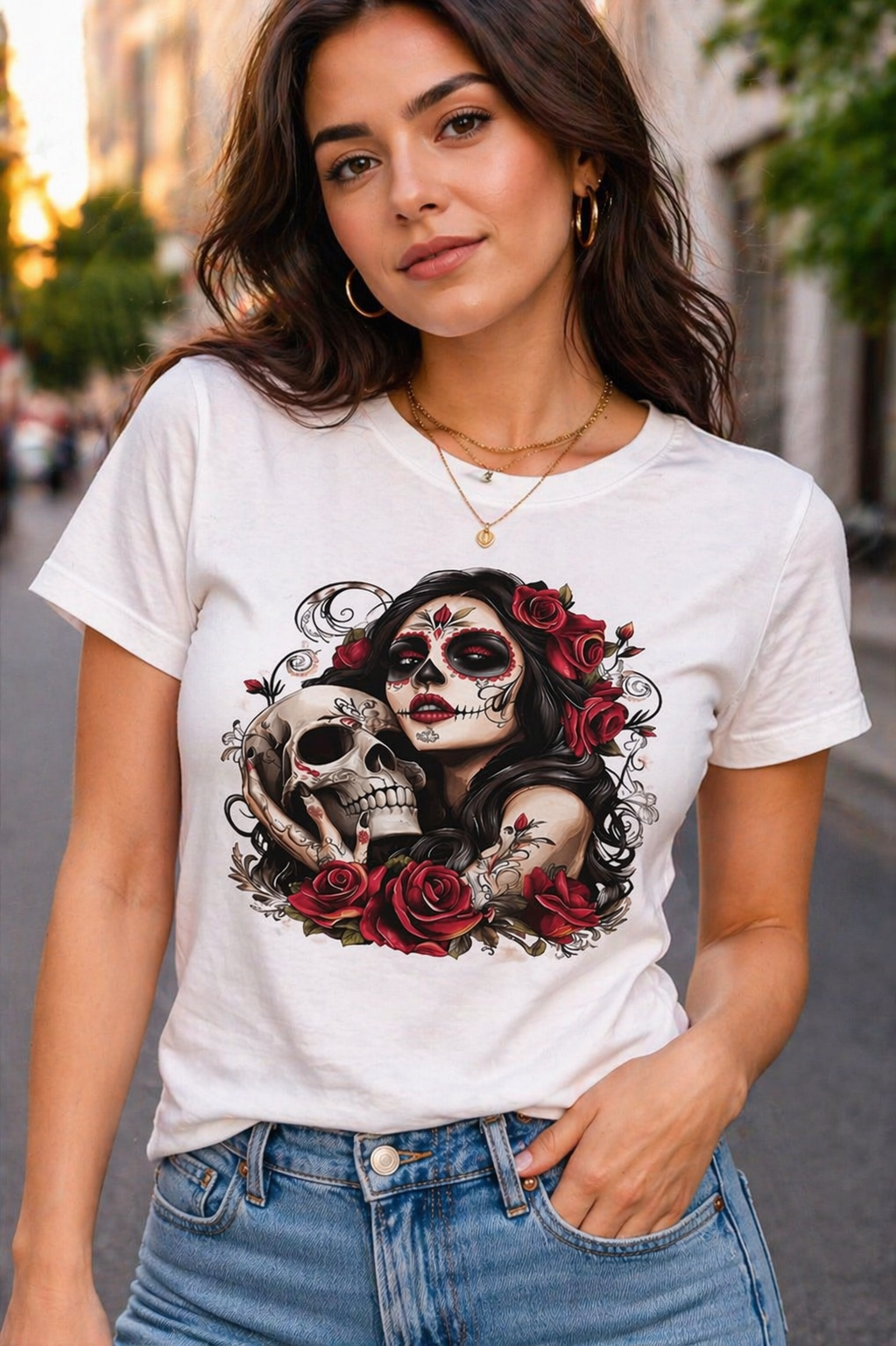Day of the Dead Sugar Skull Woman PNG Gothic Floral La Catrina Rose Skull Dark Feminine Tattoo Style Digital Download