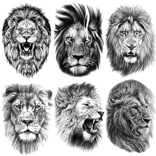 6 Sheets Large 3D Black Lion Face Temporary Tattoos for Men Women, Half Arm Sleeve Tattoo Stickers for Teens Adults, Waterproof Black Lion King Fake Tattoo