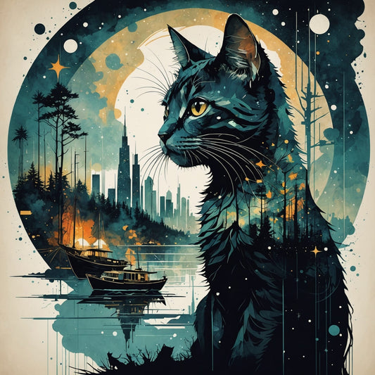 Black Cat Longing for the Sea - Hand Crafted One of A Kind - Digital Download Art Poster, Canvas Print, Wall Art, Cottage Core, DIY Art Gift