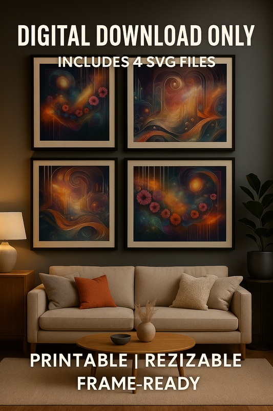 Abstract Floral Geometric Cosmos Art Set Digital Prints | Resizable High-Resolution Non-Pixelating Download | 4 Scalable Un-Framed Art Files