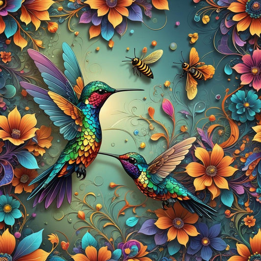 Beautiful Hummingbirds and Bees with Flowers- Digital Download Art Poster, Canvas Print, Wall Art, Junk Journal, Cottage Core, DIY Art Gift