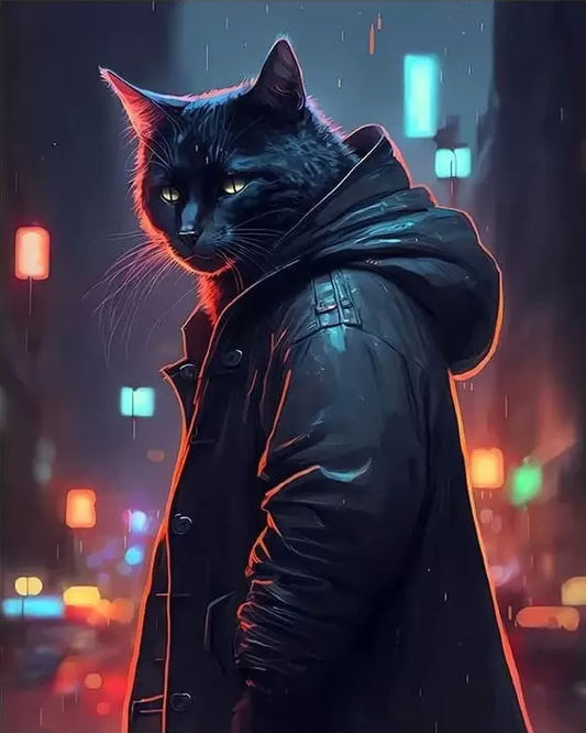 Black Cat Whimsigoth Aesthetic Night City - Digital Download Art Canvas Print Poster, Wall Art, Cottage Core, DIY Art Gift