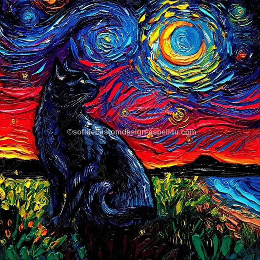 Black Cat with Mystic Flowing Background AI Created One of a Kind Digital Download Canvas Poster Wall Art DIY Printable DIY Craft Supply