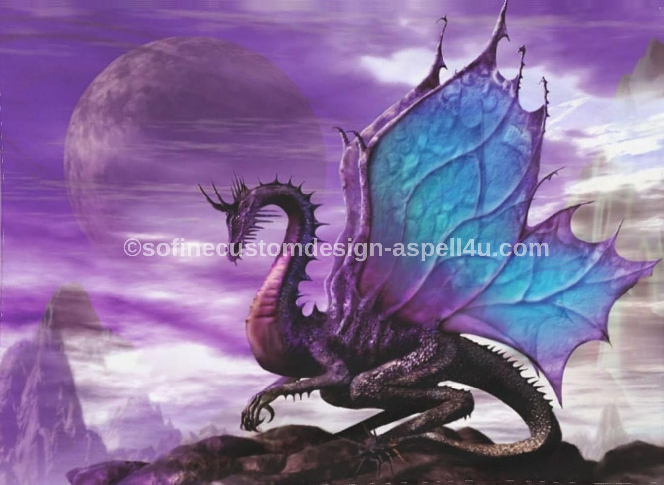 Blue Dragon Full Moonlit Purple Sky at Night AI Created One of a Kind Digital Download Canvas Poster Wall Art DIY Printable DIY Craft Supply