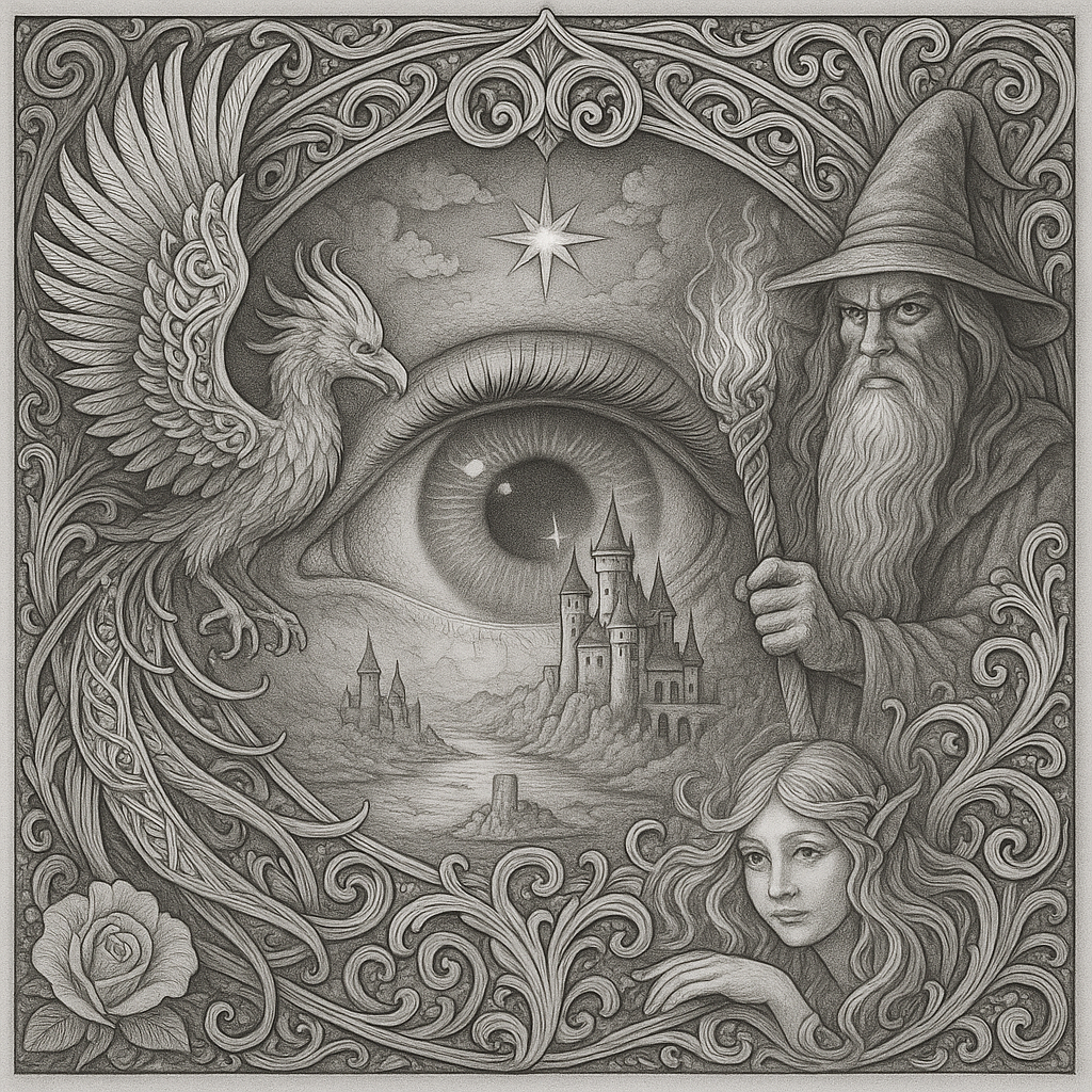 Mystic Realm Coloring Book – 10+ Greyscale Fantasy Pages for Printable Art Featuring Wizards, Phoenix, Elves, Castles & Magic Scenes