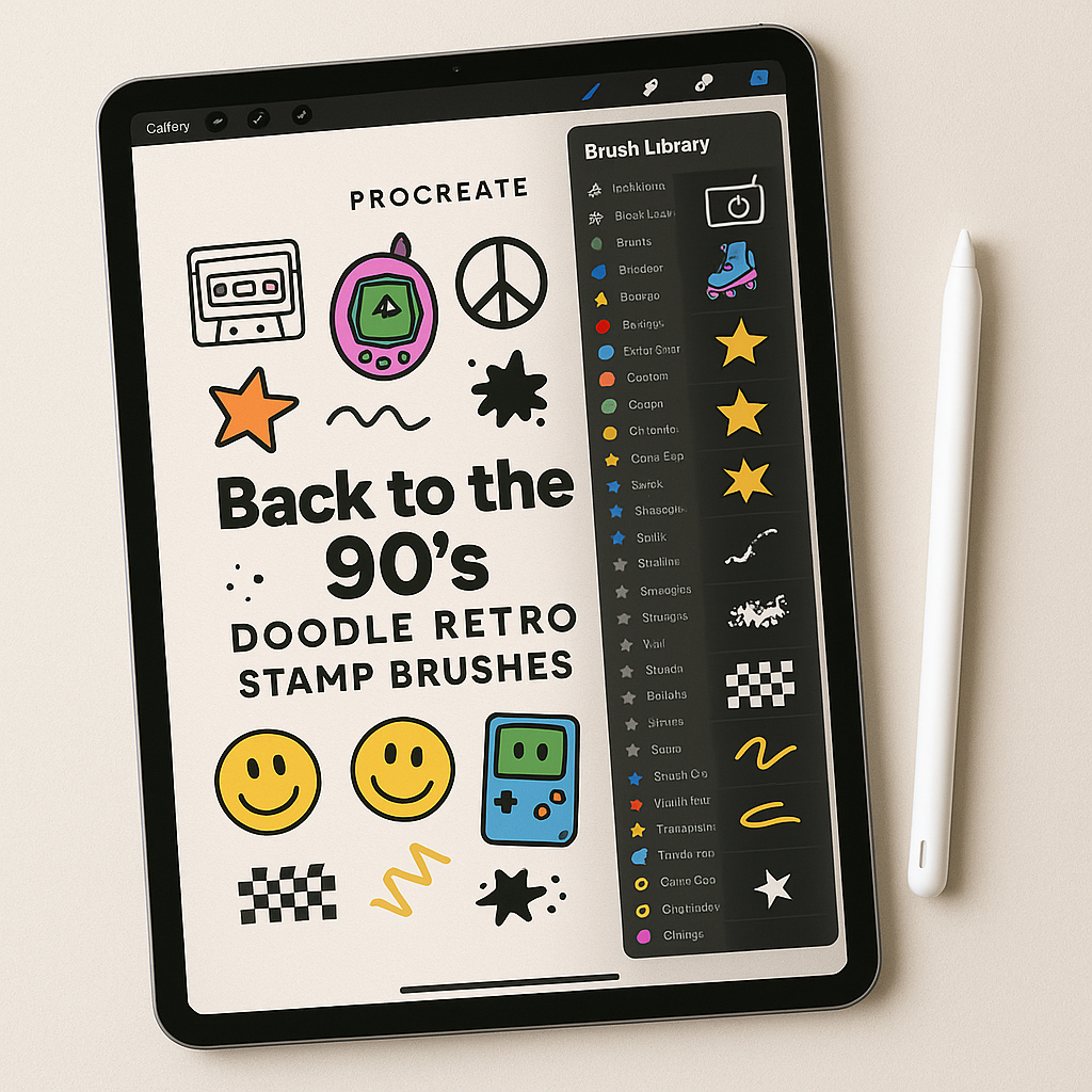 Back to the 90s Procreate Stamp Brushes | 30 Retro Doodle Stamp Brushes for iPad | 90s Aesthetic Color + B&W Brushset