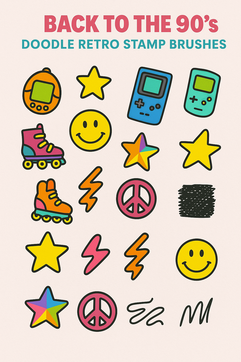 Back to the 90s Procreate Stamp Brushes | 30 Retro Doodle Stamp Brushes for iPad | 90s Aesthetic Color + B&W Brushset
