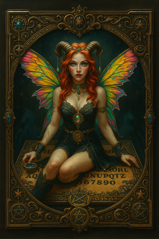 Mystic Faerie Sorceress with Rainbow Wings – Fantasy Digital Art of Enchanted Witch on Ouija Board with Magical Aura and Gothic Vibes