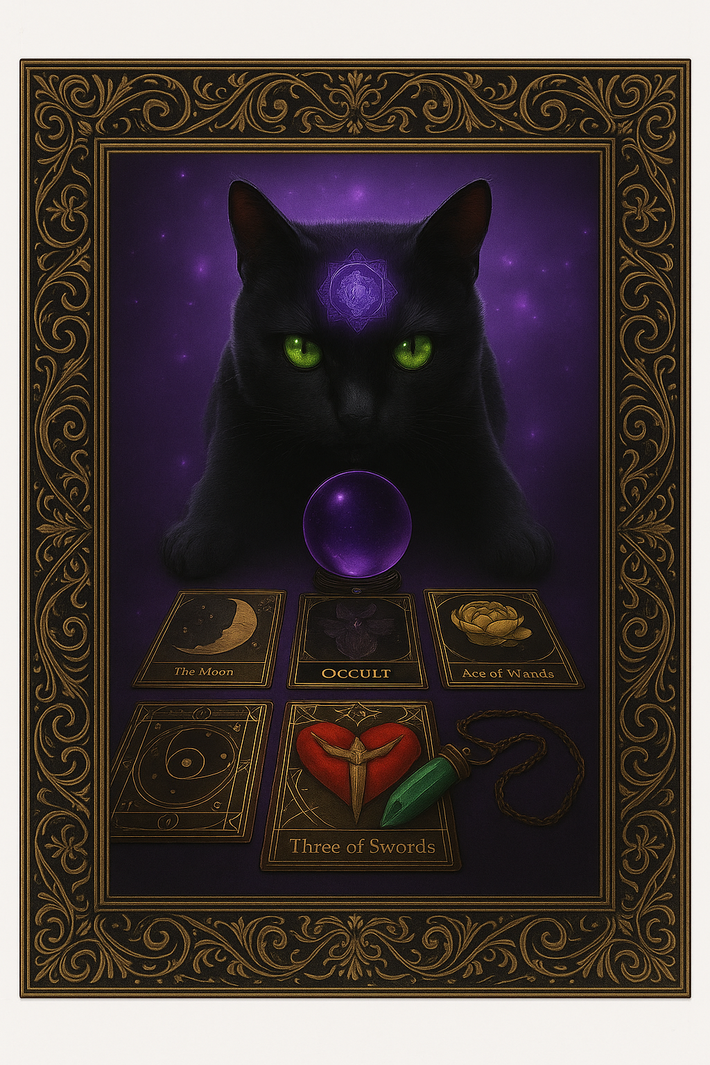 Mystic Feline Tarot Art Download – 4K Digital Print of Black Cat with Crystal Ball and Occult Cards – Witchy Divination Decor for Altar Wall