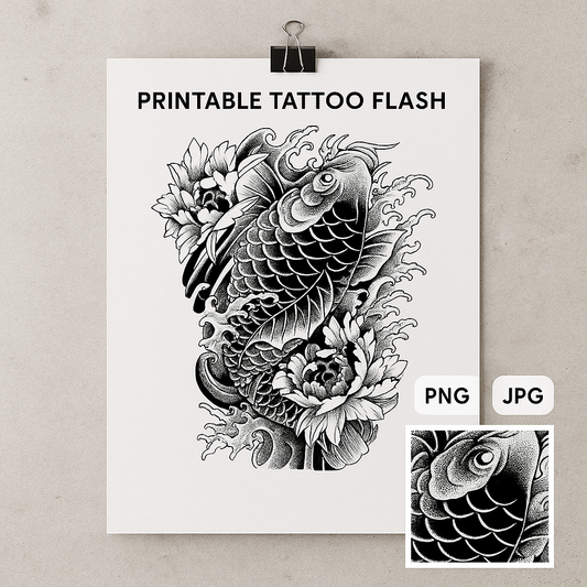 Koi Ascension – Full Back Japanese Tattoo Design | Blackwork Koi Fish with Peonies Waves | Printable Irezumi Tattoo Flash Download Artwork