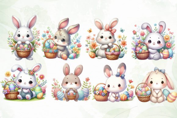 Beautiful 12 Easter Egg Baskets PLUS 16 Easter Bunnies DIY PNG Digital Sublimation Clipart Use for Junk Journal Scrapbooks Wall decor etc