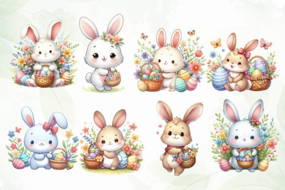 Beautiful 12 Easter Egg Baskets PLUS 16 Easter Bunnies DIY PNG Digital Sublimation Clipart Use for Junk Journal Scrapbooks Wall decor etc