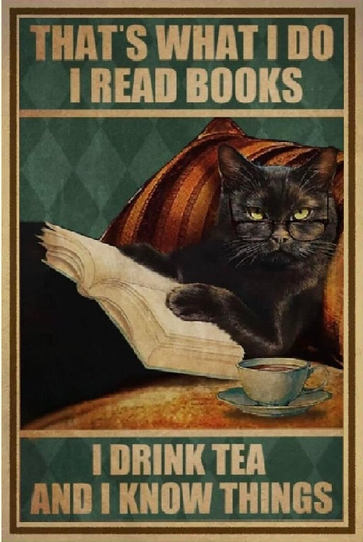 Black Cat read Books drink Tea and know Things - Create Your Own Art - Digital Download - Custom Wall Print - Retro Vintage Style DIY Art