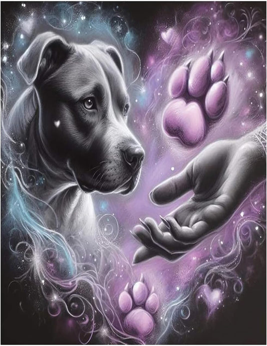 Eternal Bond – Grayscale Dog with Hand and Paw Print in Purple Galaxy Art | Memorial Digital Print | 12x12 + 8.5x11 PNG + SVG Files