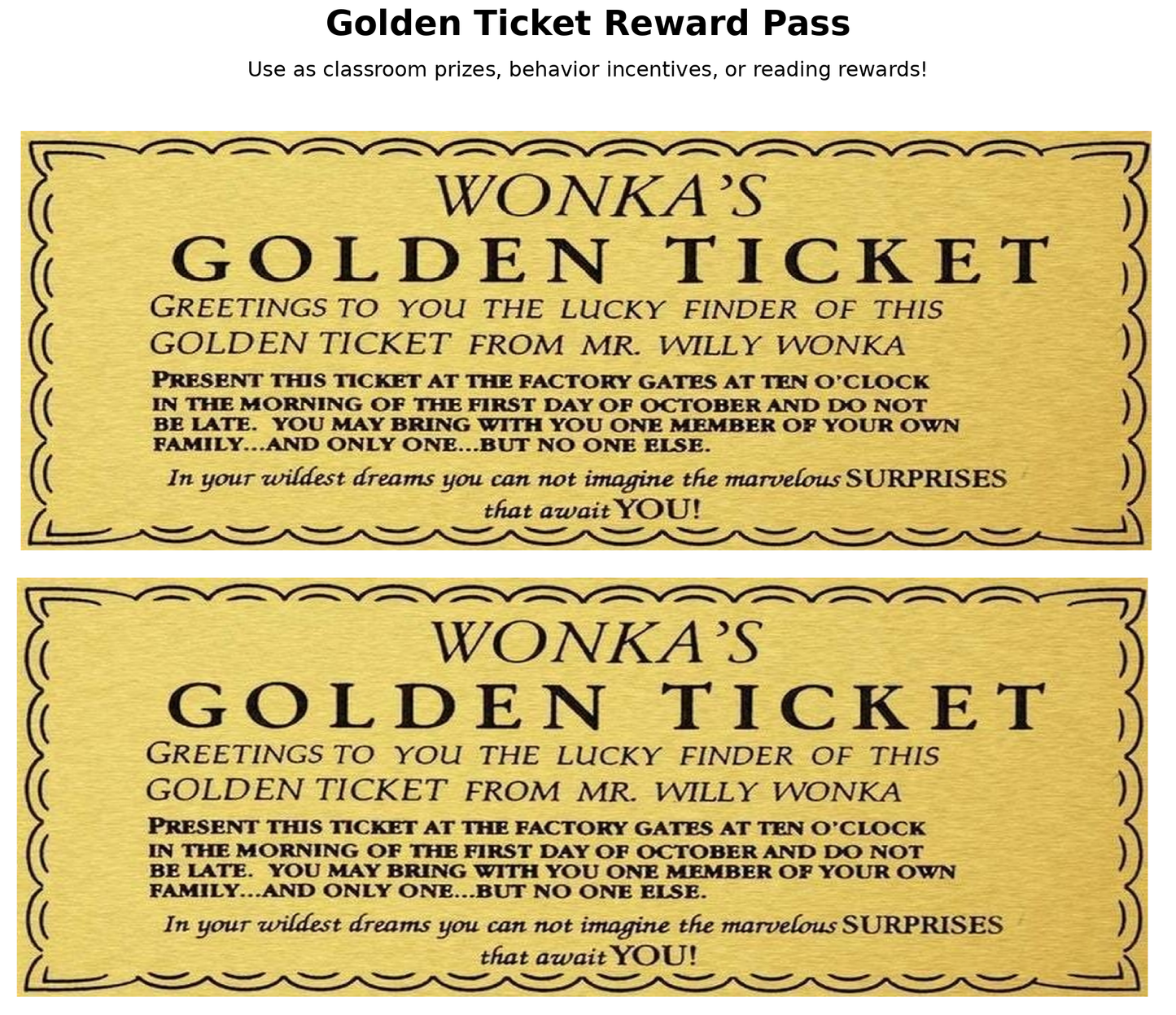 Golden Ticket Printable Download – 2-Up Landscape Layout | Instant Digital File | Classroom Reading Incentive Game | Wonka-Inspired Reward Certificate