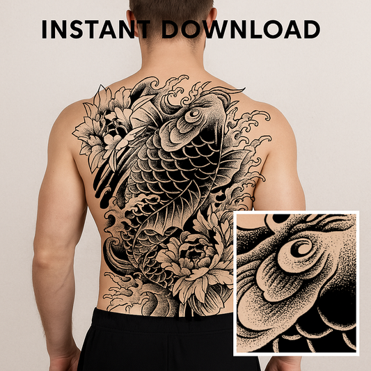 Koi Ascension – Full Back Japanese Tattoo Design | Blackwork Koi Fish with Peonies Waves | Printable Irezumi Tattoo Flash Download Artwork