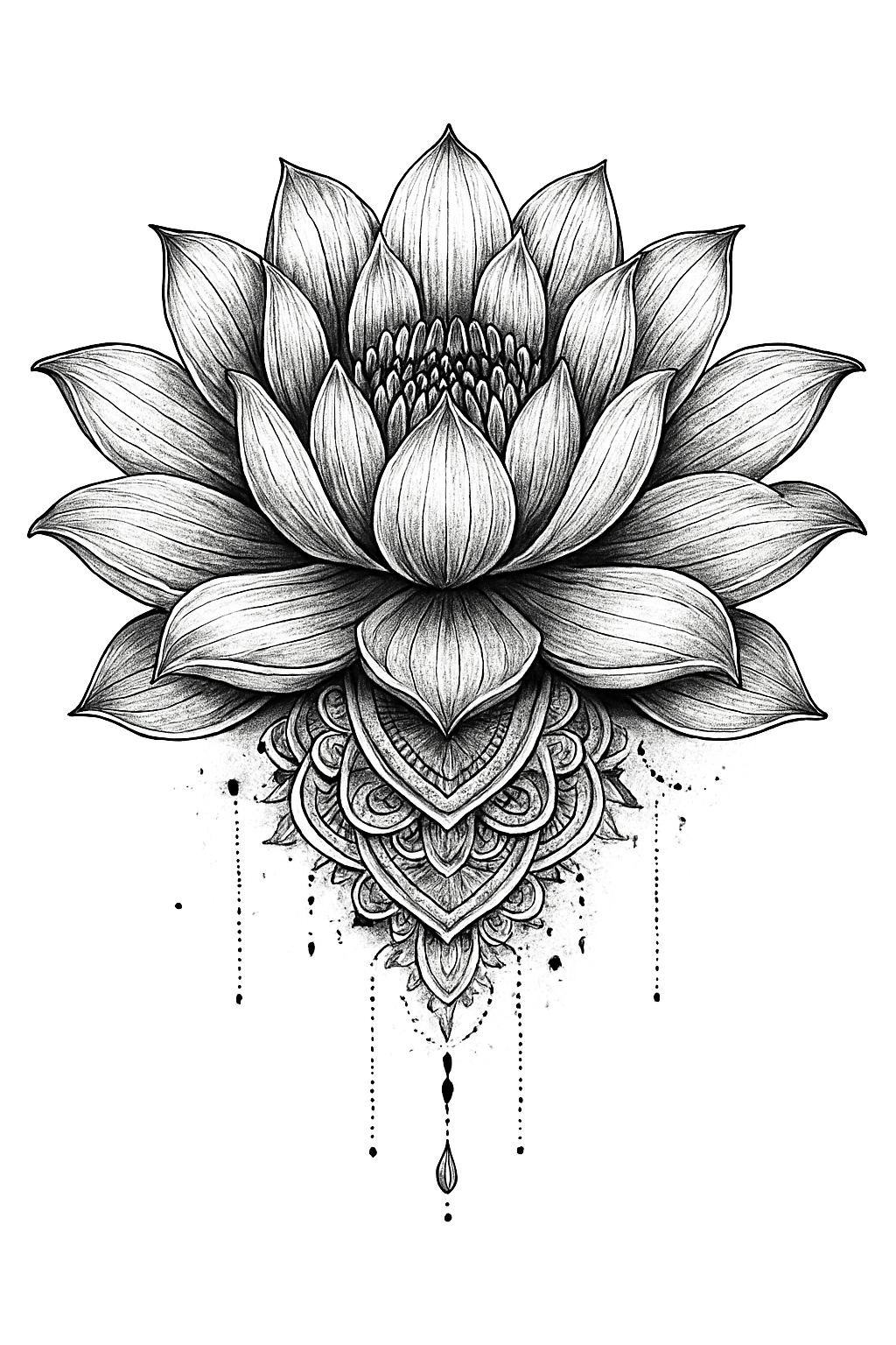 Lotus Flower Tattoo Design Download – 4K Transparent PNG Printable Stencil – High Resolution Sacred Symbol Art for Tattoos Decor Digital Use