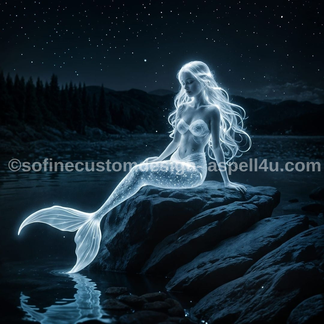 Luminescence Mermaid at Night AI Created One of a Kind Digital Download Canvas Poster Wall Art Print DIY Printable Gift Make Your Own Crafts