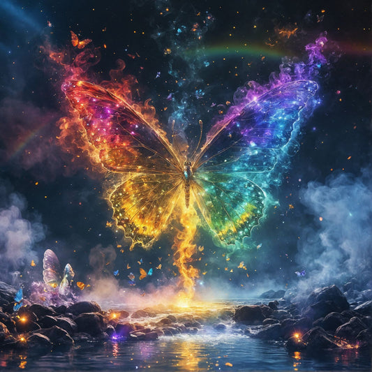 Rainbow Butterfly on Fire Dark Mystic Background - High Resolution Versatile Digital Instant Download Fairycore Cottagecore DIY Craft