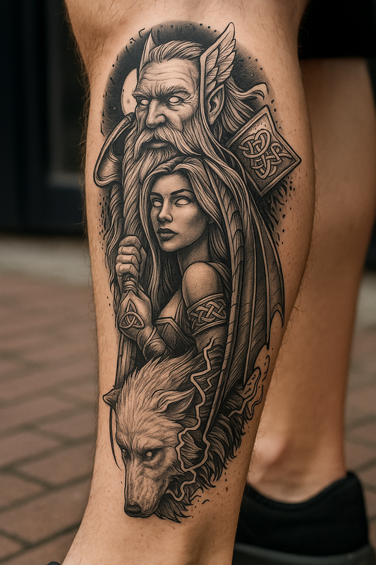 Norse Mythology Tattoo Design – Odin, Valkyrie, and Fenrir – Viking Blackwork Line Art Download – Digital Tattoo Stencil