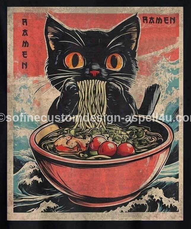 Oriental Style Black Cat Eating Ramen AI Created One of a Kind Digital Download Canvas Poster Wall Art Printable Gift Make Your Own Crafts