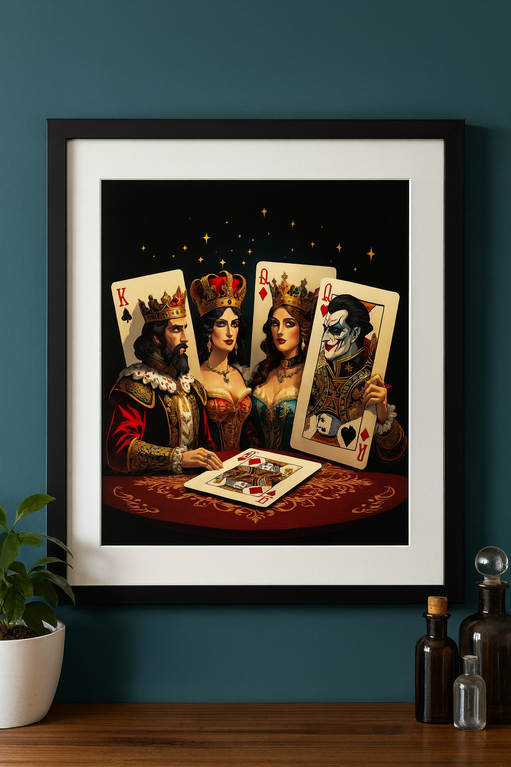 Framed artwork of card characters on a dark background with a plant and bottles on a wooden surface.