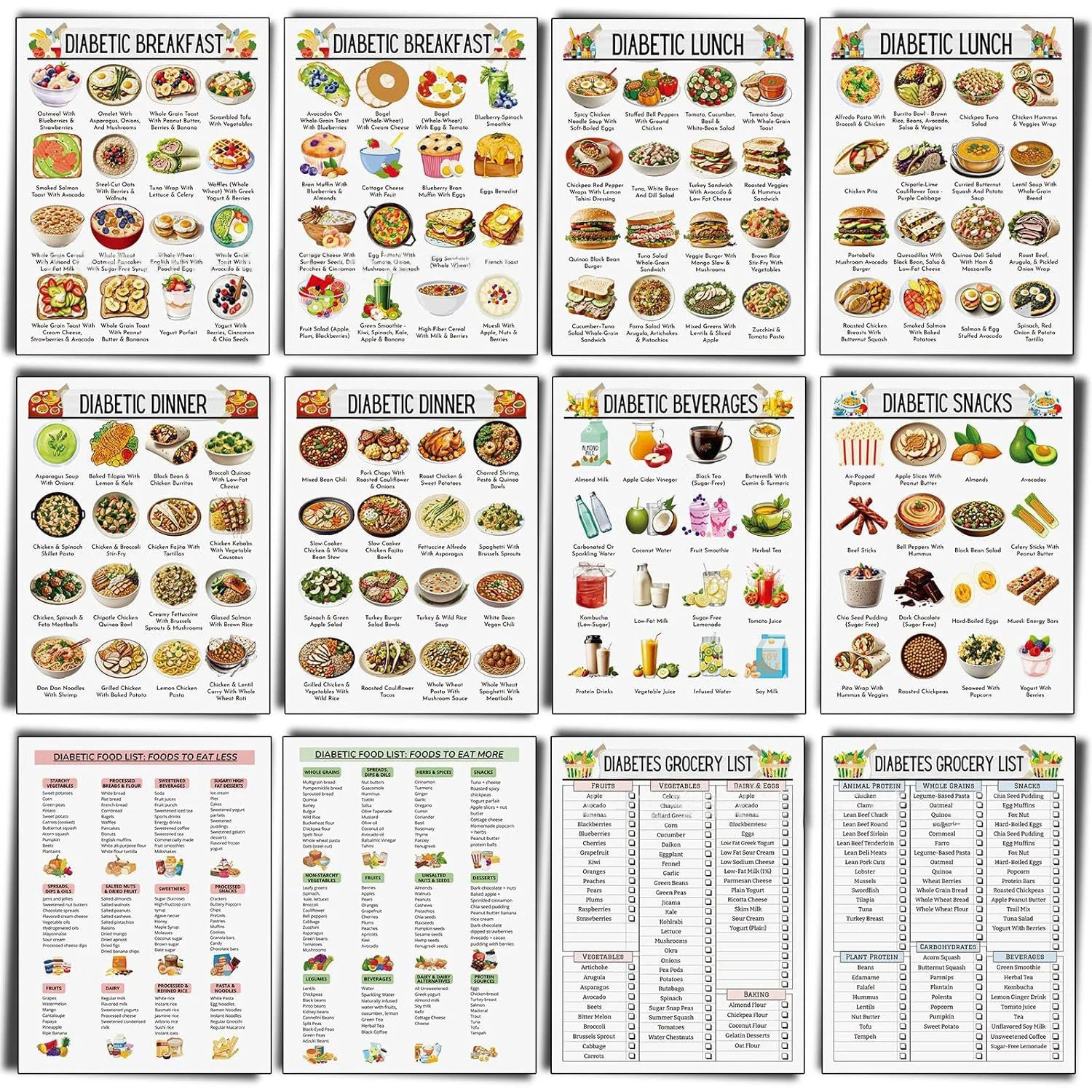 Set of 12 Diabetes Food List Diabetes Meal Chart Information Type 2 Diabetic Breakfast Lunch Dinner Meals for Diabetics Laminated 8.5 x 11