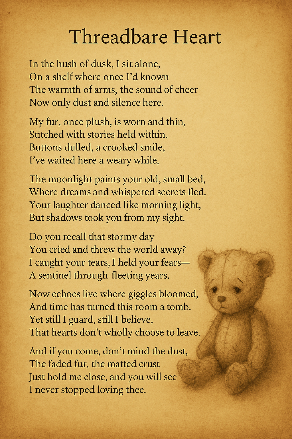 Threadbare Heart – Vintage Teddy Bear Poem Print for Child’s Room | Emotional Nursery Wall Art | Instant Digital Download for Keepsake Gift