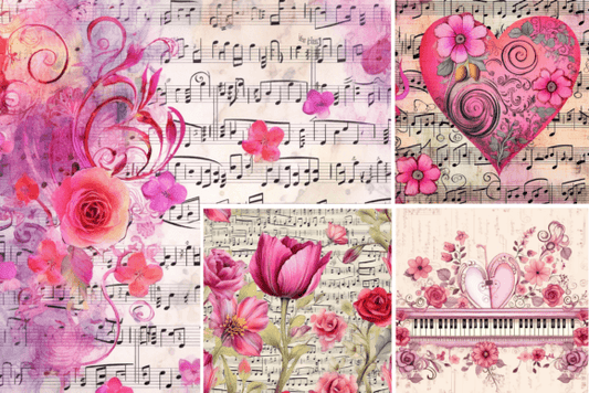 Printable Valentine Day Graphics Digital Background Textures and Images Musical Notes Retro Bundle 18 HD Images Digital Paper 12x12" 300 DPI