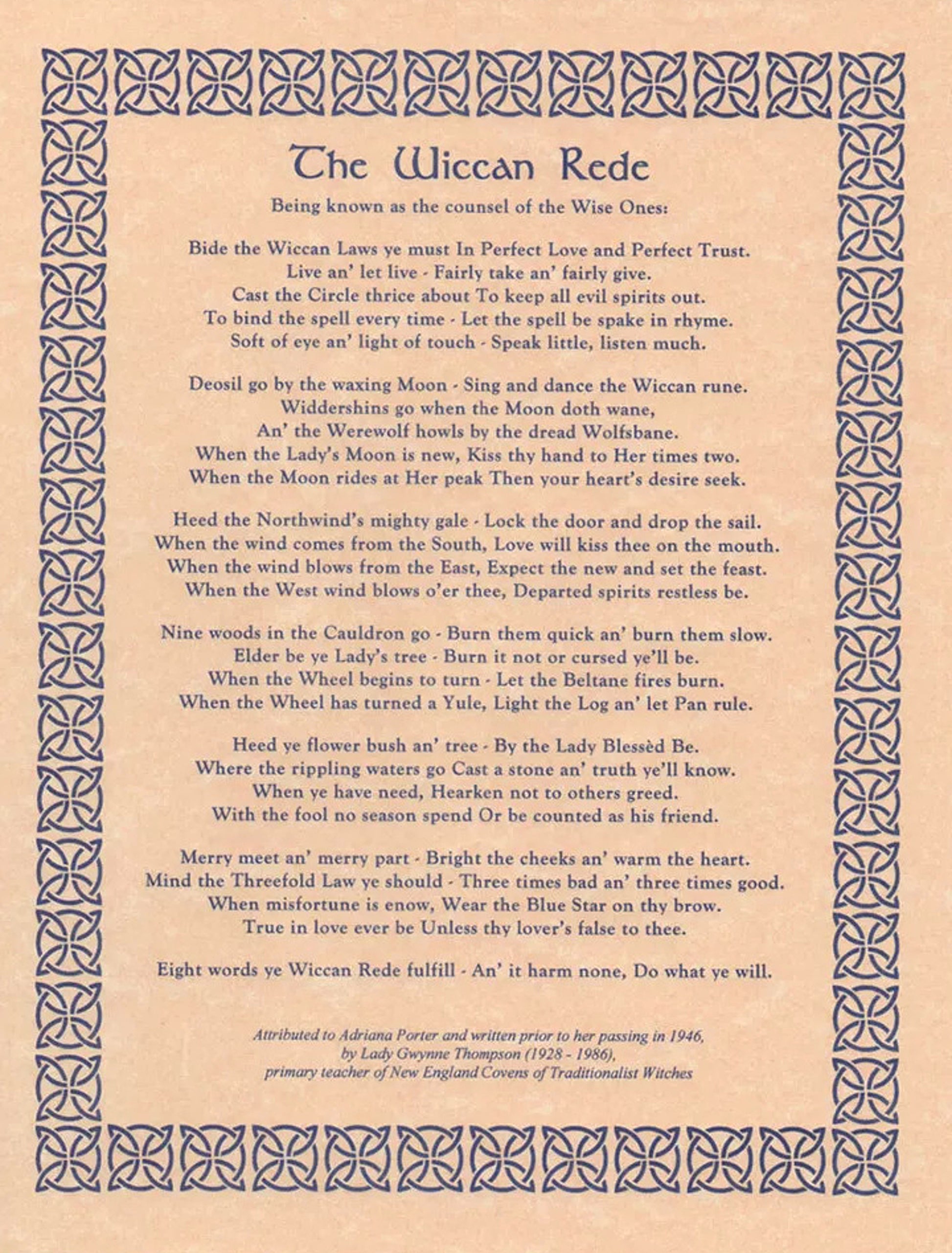 Wiccan Rede Long Poem - Wicca Art - Altar Display - Book of Shadows Pages Education Enthusiasts Digital Download DIY Gift