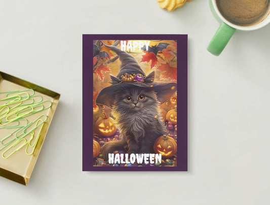 Witch Kitten Halloween Card Art AI Created Wicca Witch Design - Digital Download Art Paper for Junk Journal Scrapbook Cottage Core DIY Cards