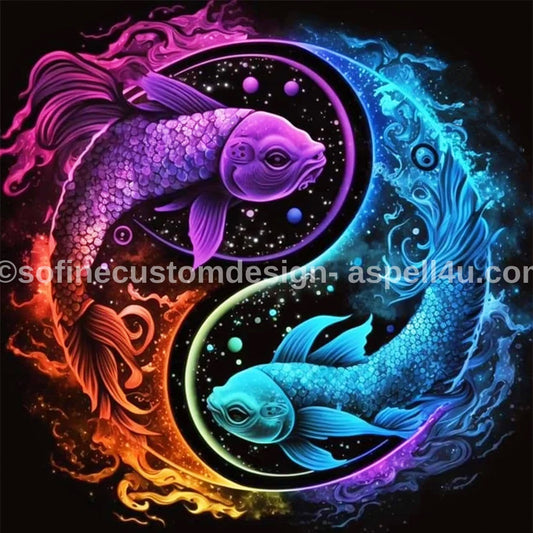 Ying Yang Taiji Double Fish - Digital Download, AI Assisted Art for DIY Canvas Poster, Wall Art, Digital Gifting, Junk Journal, Cottage Core
