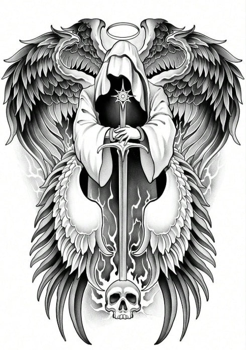 Divine Reaper Angel of Judgement Full Back Temporary Tattoo Digital Download Gothic Skull Wings Body Art Printable DIY Tattoo Flash Design