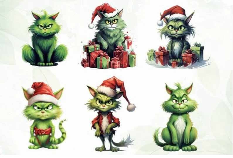 GREEN CAT CHRISTMAS, Grinch, Watercolor, Sublimation, Greench cat, DIgital files, Png, Instant download, Christmas cat.