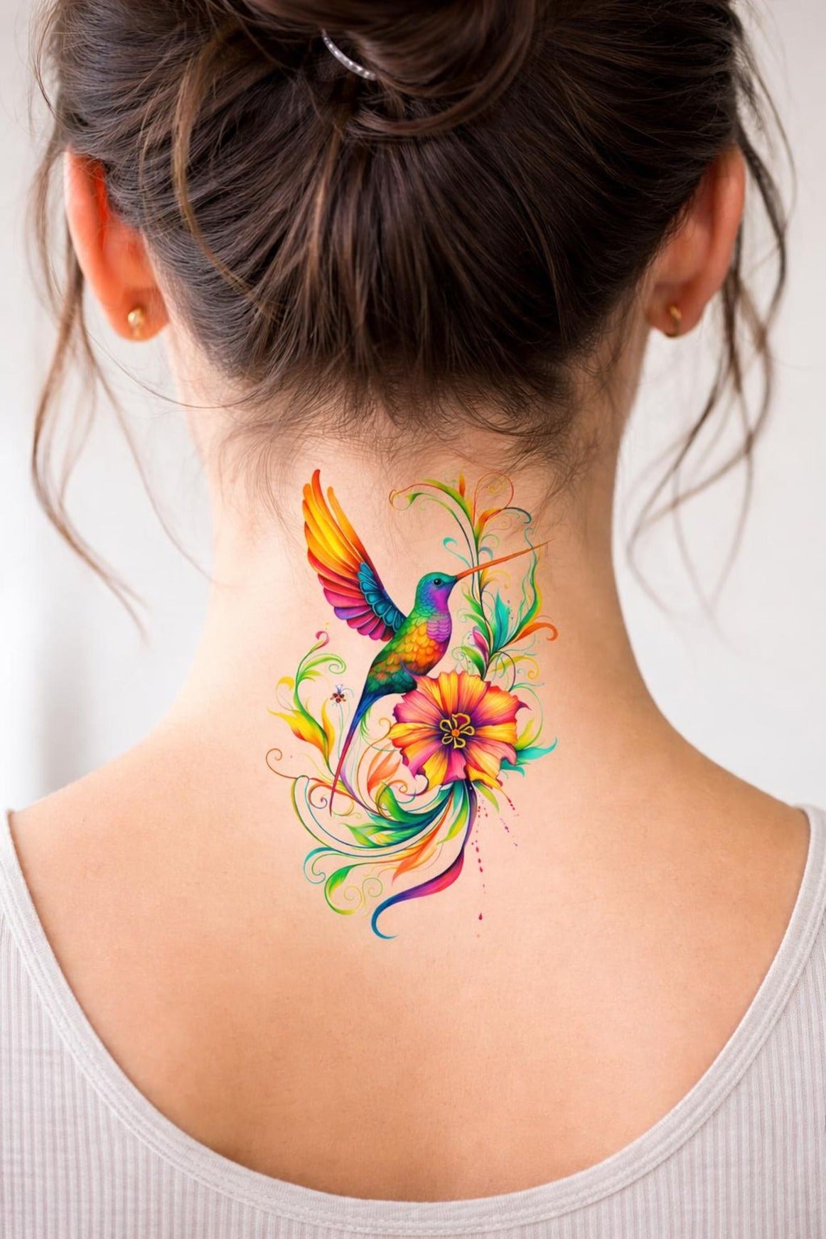 Hummingbird and Flower Tattoo Digital Download Black and White and Color PNG Elegant Nature Realistic Art