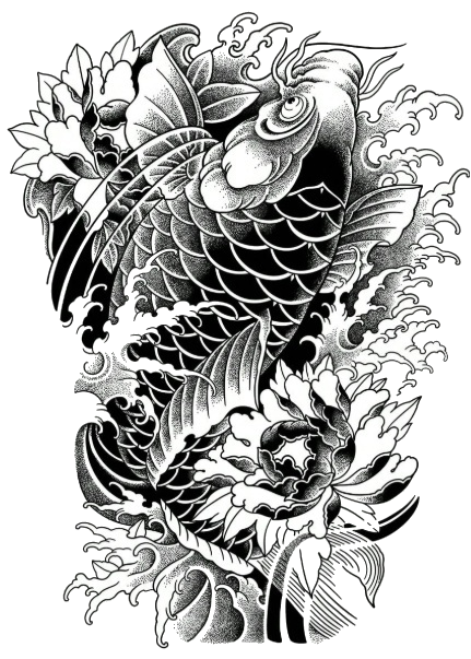 Koi Ascension – Full Back Japanese Tattoo Design | Blackwork Koi Fish with Peonies Waves | Printable Irezumi Tattoo Flash Download Artwork