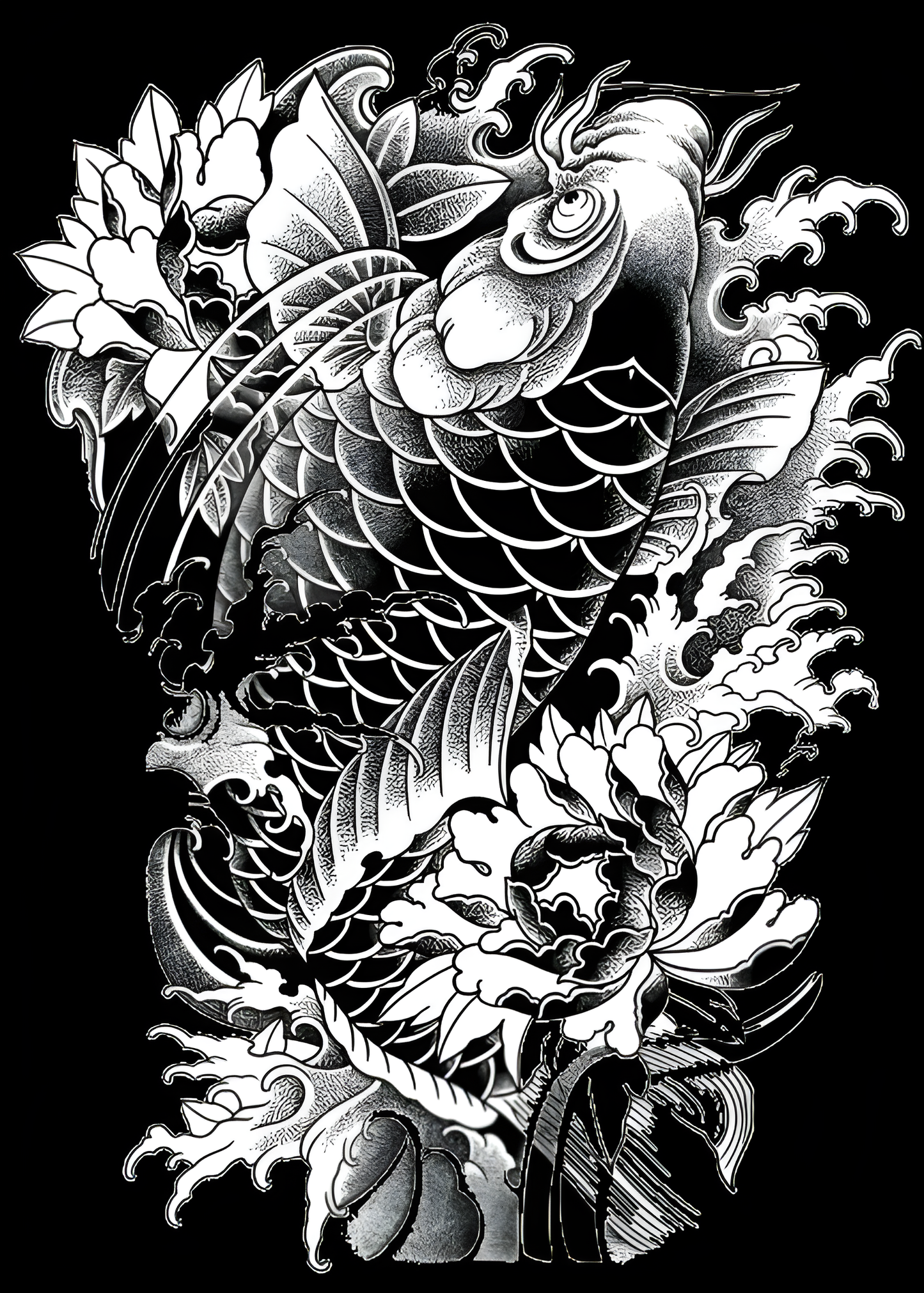 Koi Ascension – Full Back Japanese Tattoo Design | Blackwork Koi Fish with Peonies Waves | Printable Irezumi Tattoo Flash Download Artwork