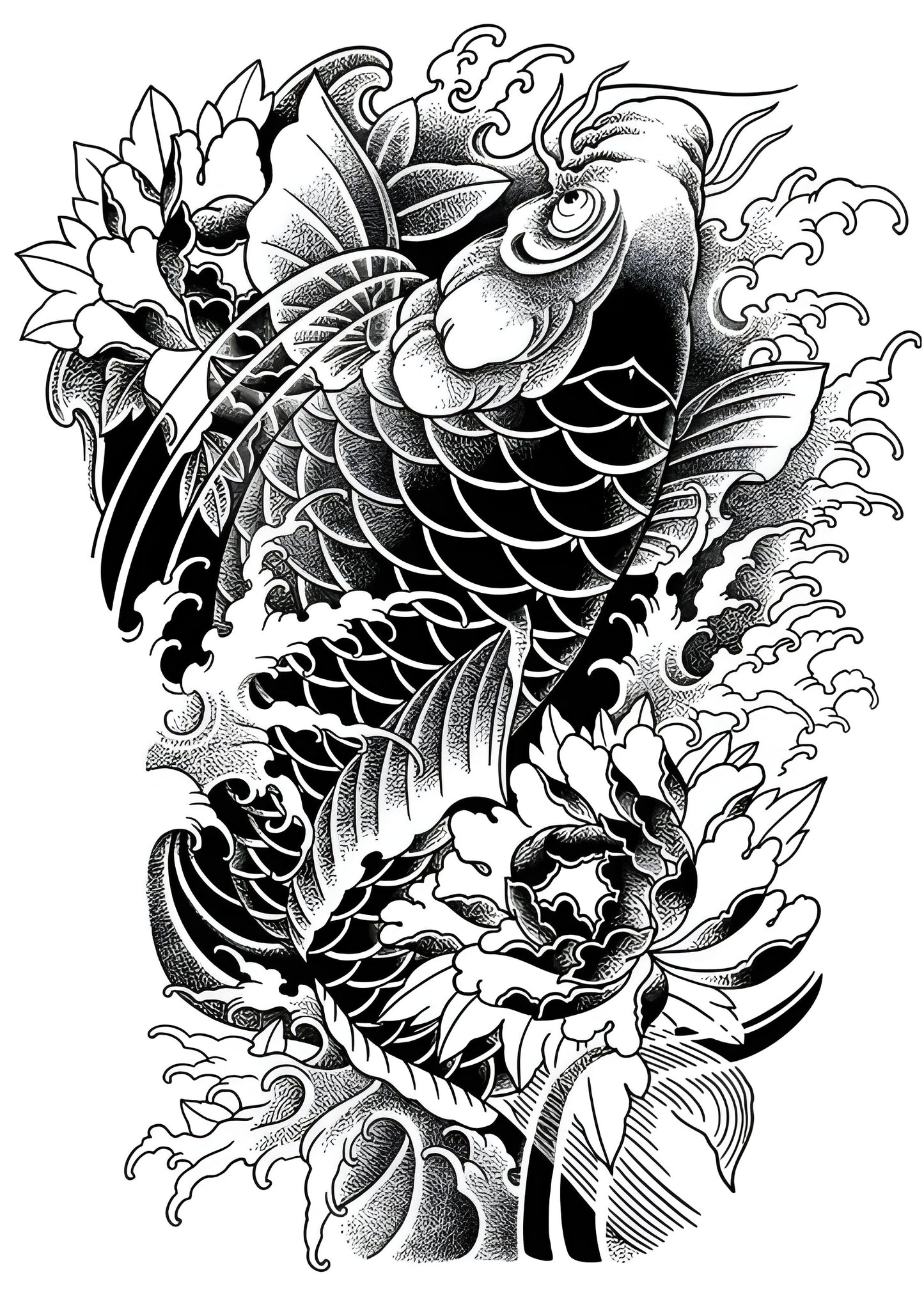 Koi Ascension – Full Back Japanese Tattoo Design | Blackwork Koi Fish with Peonies Waves | Printable Irezumi Tattoo Flash Download Artwork