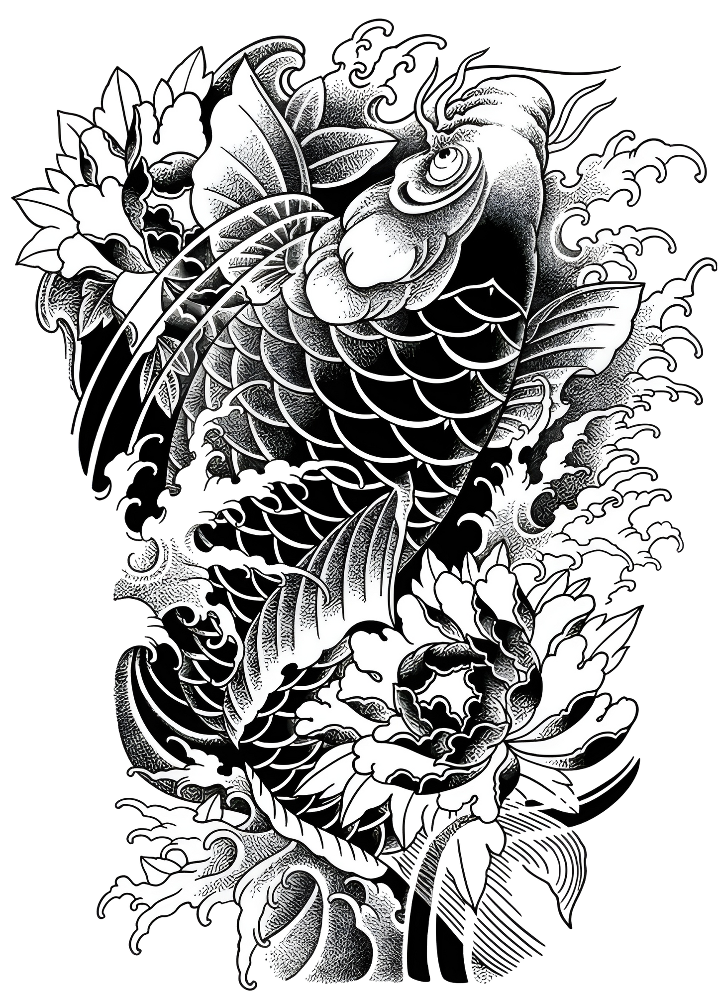 Koi Ascension – Full Back Japanese Tattoo Design | Blackwork Koi Fish with Peonies Waves | Printable Irezumi Tattoo Flash Download Artwork