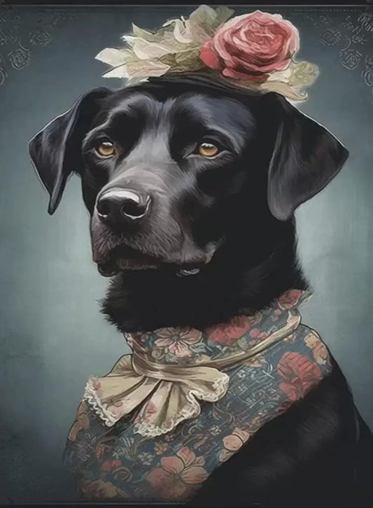 Black Lab with Rose Hat - AI Created Gift for Dog Lover - Digital Download Canvas Print Wall Art Poster, Junk Journal Cottage Core DIY Craft