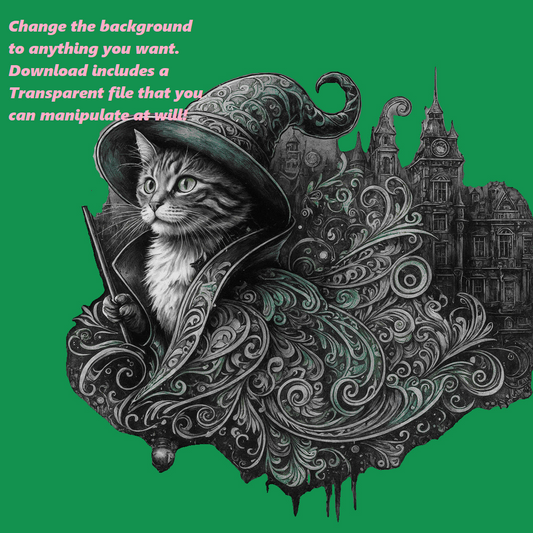 Steampunk Witch Cat Transparent Background - Digital Download Teacher Classroom Kids Activity Junk Journal Cottage Core Print and Color- Create Your Own Art - Digital Download - Custom Wall Print - Retro Vintage Style DIY Art - Gift for Friend