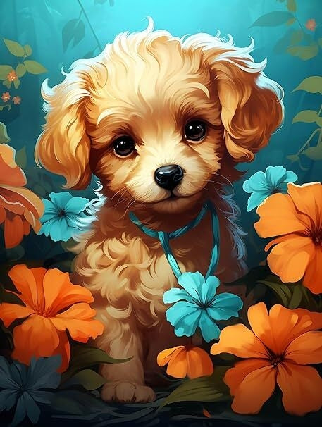 Cute Puppy Playing in Flowers - Custom AI Created Art - High Res Digital Download - Use for Your Next DIY Craft - Makes a Great Gift