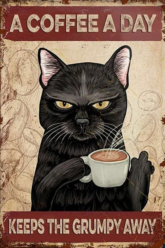 Black Cat A Coffee A Day Keeps the Grumpy Away - Digital Download Custom Wall Print - Retro Vintage Style DIY Art - Gift for Friend