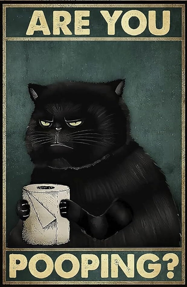 Grumpy Black Cat with Toilet Paper Are You Pooping - Digital Download - AI Enhanced High Resolution - Custom Designed Retro Vintage Style DIY Wall Art