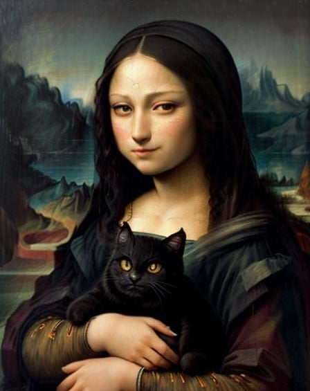 Mona Lisa and Her Familiar Cat Art Gift AI Assisted DIY Printable One-of-a-Kind High-Quality Digital Image