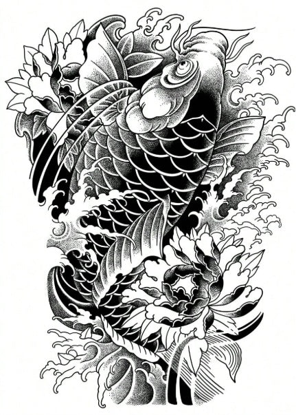 Koi Ascension – Full Back Japanese Tattoo Design | Blackwork Koi Fish with Peonies Waves | Printable Irezumi Tattoo Flash Download Artwork