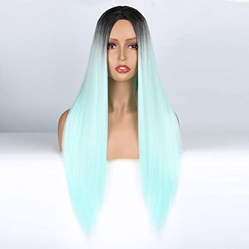 Mint Green Black Roots Ombre Cosplay Costume Full Wig