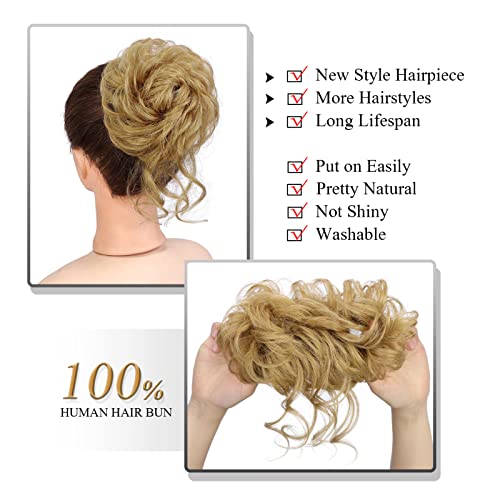 100% Human Messy Hair Bun Scrunchies Ponytail Extension Human Hair Tousled Updo Chignon Hair Piece (27#:Dark Blonde)