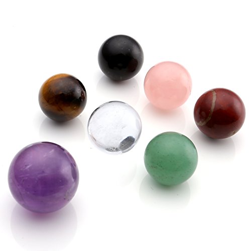 Jovivi Seven Star Group Natural Amethyst Chakra Crystal Sphere Ball with Black Obsidian Stand w/Box