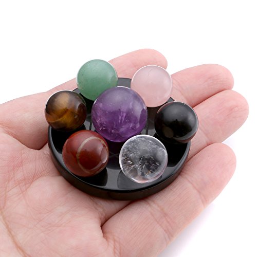 Jovivi Seven Star Group Natural Amethyst Chakra Crystal Sphere Ball with Black Obsidian Stand w/Box